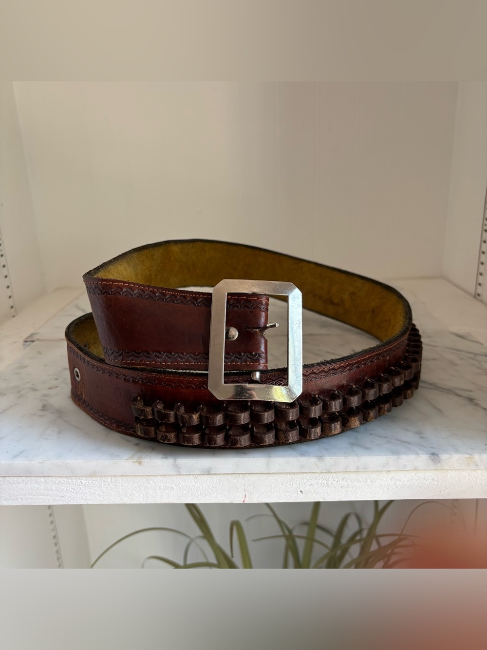 Vintage Western Bandolier Brown Leather 40 cal Ammo Belt Size 38